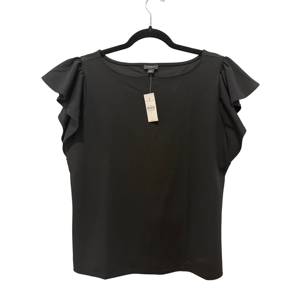 Ann Taylor Factory Black Flutter Sleeve Boat Neck Blouse Top Womens L